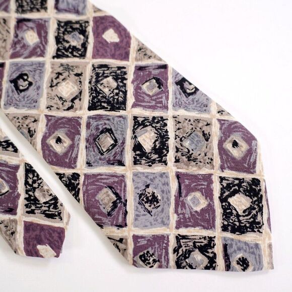 Pierre Cardin Purple‎ Tan Abstract Geometric Print Short Wide Silk Tie - Picture 1 of 6